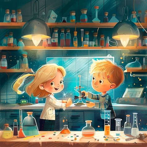 Kids chemistry laboratory cartoon illustration | AI-generated image