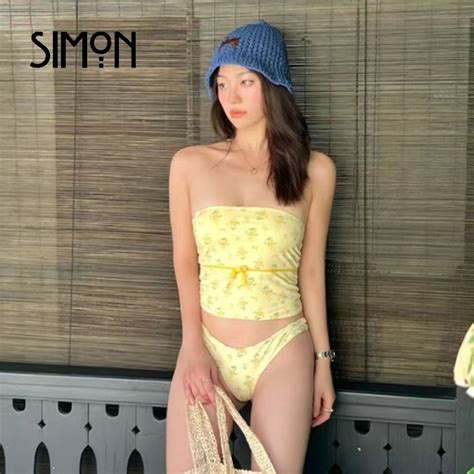 Bộ Bikini mùa hè mảnh dành cho nữ Áo ba lỗ in hoa nơ phía trước có