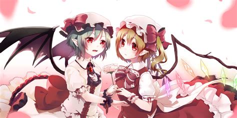 2girls Blonde Hair Blue Hair Bow Flandre Scarlet Flowers Hat Hijiri Ssh Petals Pointed Ears Red