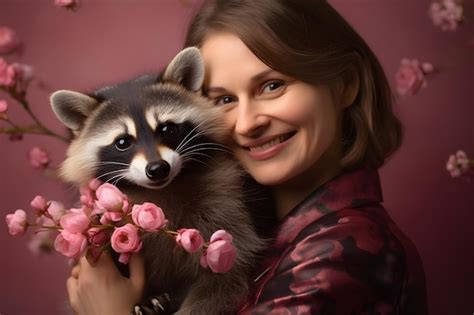 Woman Holding A Raccoon In Her Arms With A Pink Flower In Her Hand