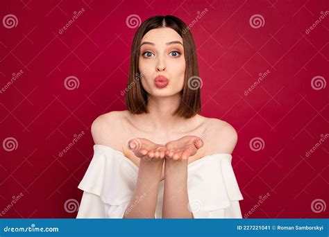 Photo Of Flirty Brown Hairdo Young Lady Blow Kiss Wear White Naked