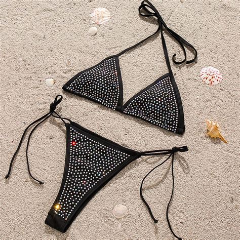 Women Piece Shiny Diamond Crystal Bathing Suit Bikini Sexy Push Up Swimwear For Party Rave