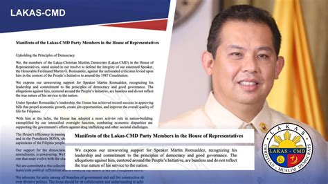 Lakas Cmd Naglabas Ng Manifesto Ng Suporta At Tiwala Kay Speaker Martin