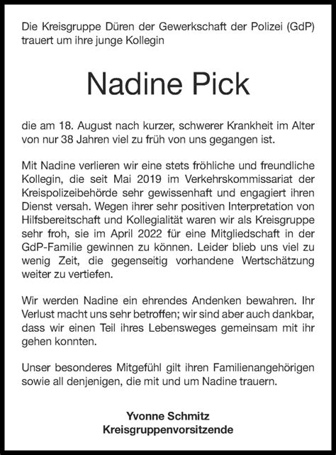 Traueranzeigen Von Nadine Pick Aachen Gedenkt