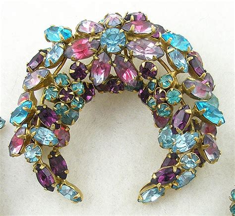 Schreiner Amethyst And Aqua Rhinestone Brooch Set Garden Party