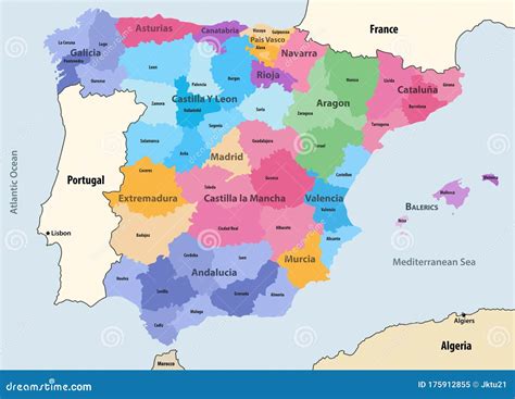 Spain Autonomous Communities And Provinces Vector Map With Neighbour