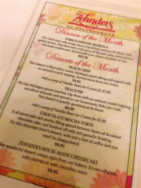 Menu at Zehnder's of Frankenmuth restaurant, Frankenmuth