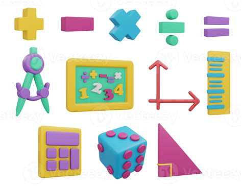 3d Rendering Set Of Math Tool Items Kid School 3d Render Illustration