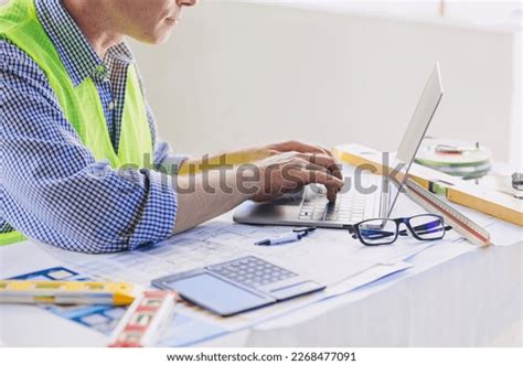 Construction Engineer Builder Working Desk Typing Stock Photo ...