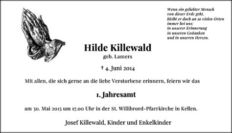 Alle Traueranzeigen für Killewald Hilde trauer rp online de