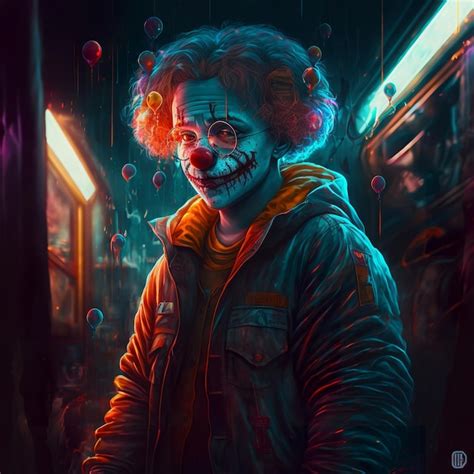 Una Pintura De Un Payaso Con La Cara Roja Y Una Luz Azul En La Parte