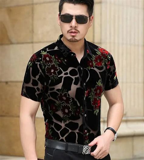 2017 Summer Mens Short Sleeve Shirts Business Gentleman Casual Floral See Through Silk Shirts