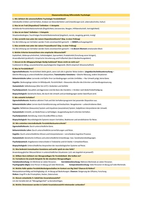 Übungsfragen Klausurvorbereitung M Keil Differentielle Psychologie