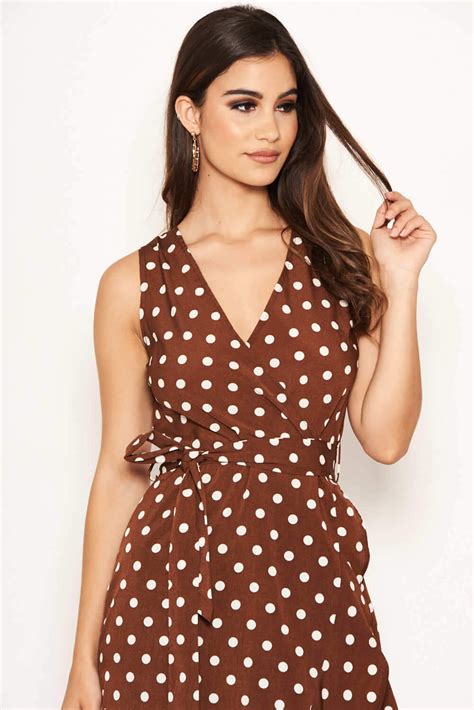 Brown Polka Dot Wrap Dress Ax Paris