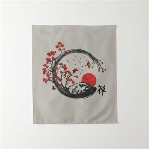 Zen Enso Circle And Sakura Branches Tapestry