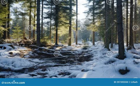 A Timeless Scene Of Snow Adorned Trees In An Old Forest Generative Ai