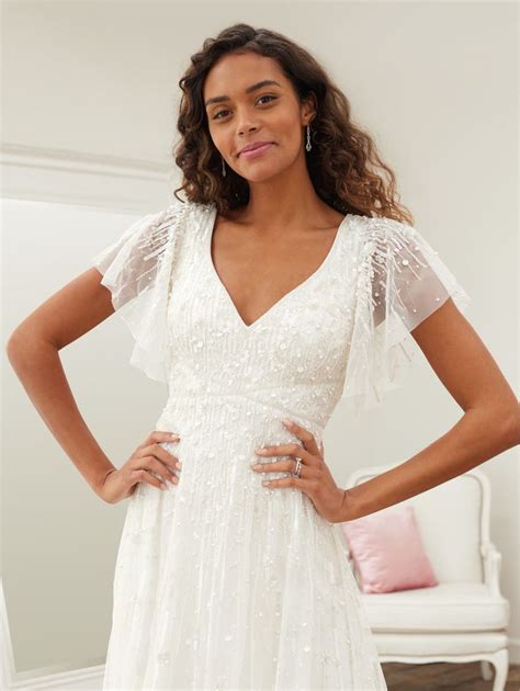 Flutter Sleeve Wedding Dress By Adrianna Papell 40385 In 2024 Lace Wedding Dress With Sleeves