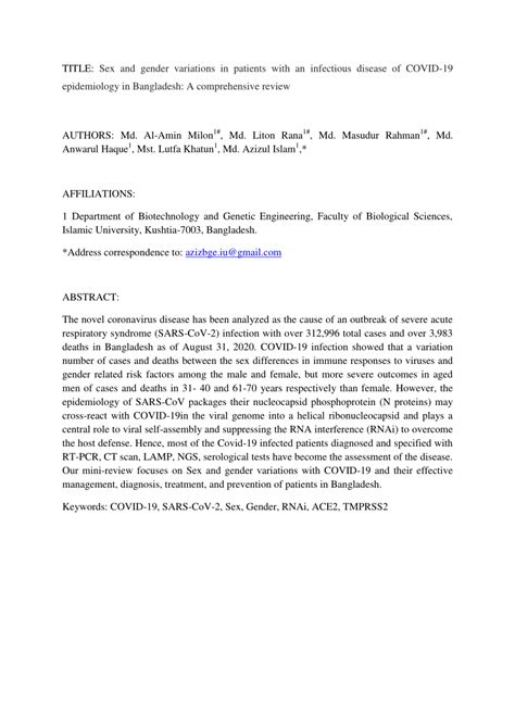 Pdf Sex And Gender Variations In Patients With An Infectious Disease Of Covid Epidemiology