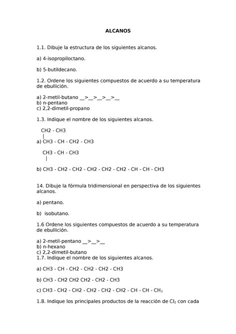Taller Alquenos Y Alquinos 11 ALCANOS Dibuje La Estructura De Los