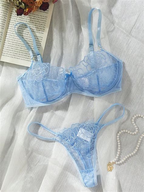 Ultra Thin Breathable Underwear Set Floral Embroidery Lingerie Set Women Sheer 2 Piece Bra Panty