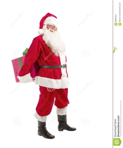 Santa Holding Christmas Present In His Hands On A White Backgrou Stock