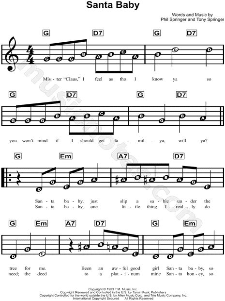 Eartha Kitt "Santa Baby" Sheet Music for Beginners in C Major ...