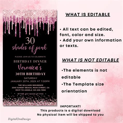 Editable Shades Of Pink Invitation Drip Pink Glitter Birthday Etsy