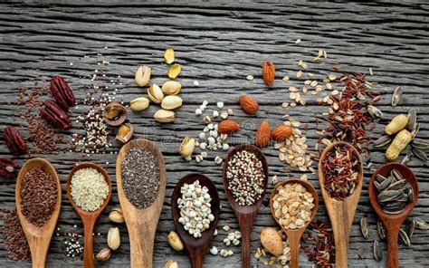 Different Types of Grains and Cereals on Shabby Concrete Background. Stock Photo - Image of food ...