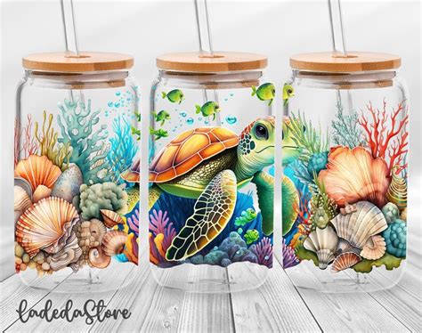 Cute Turtle 16oz Libbey Glass Wrap Png Sea Turtle Glass Can Colorful