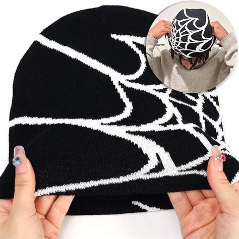 Goth Spider Web Jacquard Beanie Caps Y K Vintage Knitted Warm Hip Hop