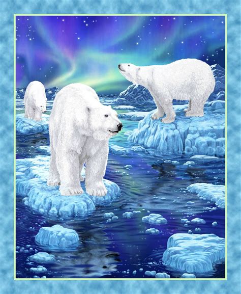 Polar Bear Panel Fabric By The Yard Northern Lights Panel Bear Quilting Panel Polar Bear