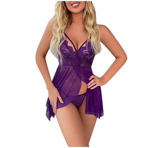 Oalirro Lingerie Dress Fairy Costume Lace Negligee Set For Women Purple