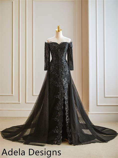 Black Mermaid Gothic Wedding Dress With Detachable Train Adela Designs