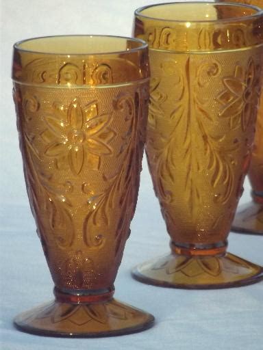 Vintage Tiara Amber Sandwich Glass Iced Tea Glasses 6 Footed Tumblers