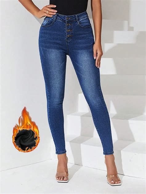 SHEIN Essnce Calça jeans feminina de corte justo forro de lã de cor