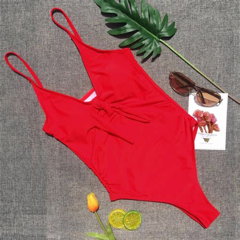 Bikini Solid Color Bow One Piece Swimsuit Lady Sexy Swimsuit Red On Luulla