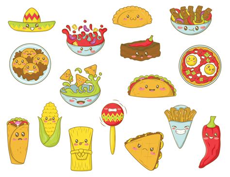 paquete de imágenes prediseñadas kawaii con comida mexicana en estilo ...