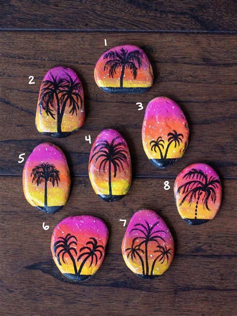 Painted Rocks Palm Trees Silhouette Beach Decor Sunset Sunrise Etsy Hand Painted Rocks