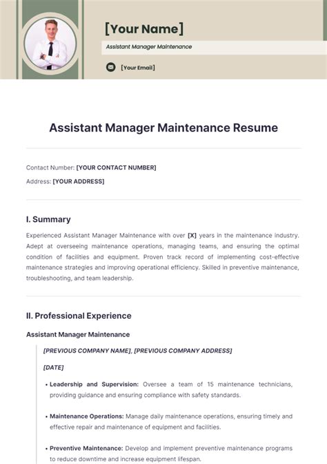 Free Assistant Manager Maintenance Resume Template Edit Online And Download