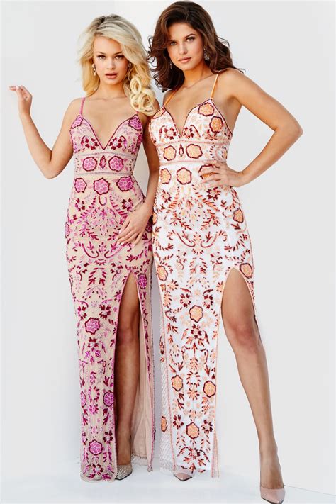 Jovani 08546 Nude Pink Embellished V Neck Evening Dress Jovani