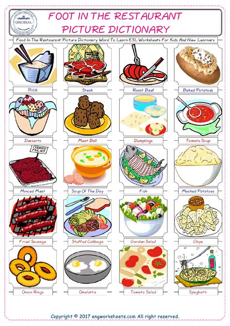 Food In The Restaurant Picture Dictionary Word To Learn Esl Worksheets