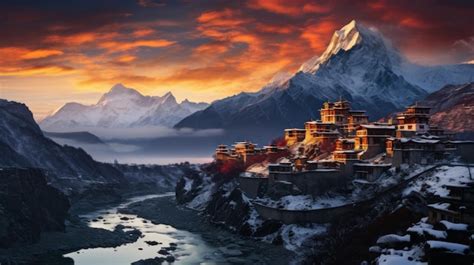 Premium AI Image | sunset view of the Himalayan mountains tibet monastery