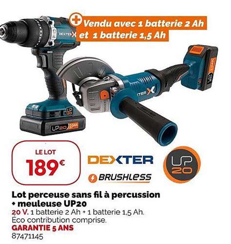 Promo Dexter Lot Perceuse Sans Fil Percussion Meuleuse Up Chez