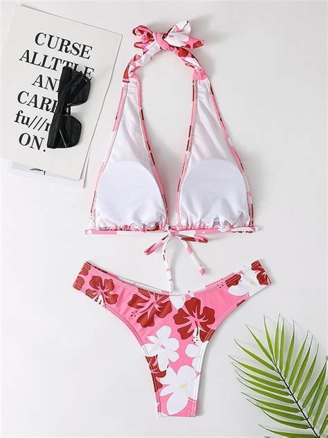 Emmiol Free Shipping Hibiscus Floral Print Bikini Set Pink S In