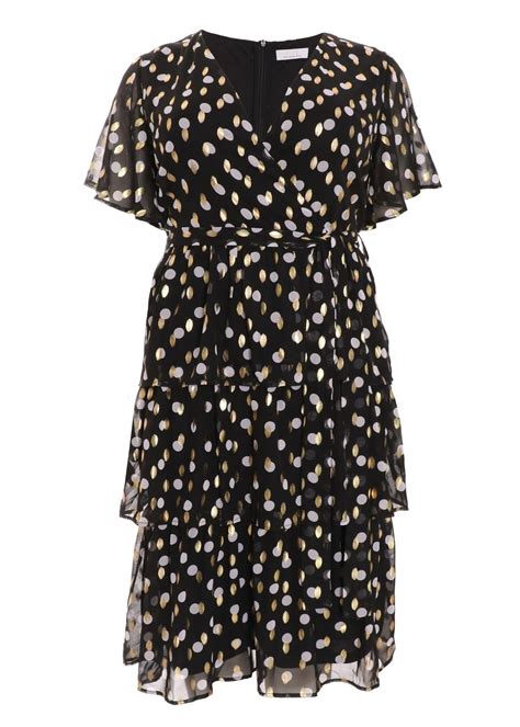 Quiz Black Curve Polka Dot Foil Wrap Midi Dress Matalan