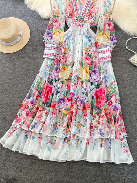 Elegante Vestido Floral De Férias Mulher Primavera Manga Longa Vestidos