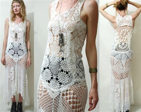 Crochet Dress Vintage Full Lace White Fishtail Train Bohemian Hippie