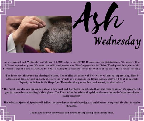 Distribution Of Ashes For Ash Wednesday On February 17 2021 Queen Of