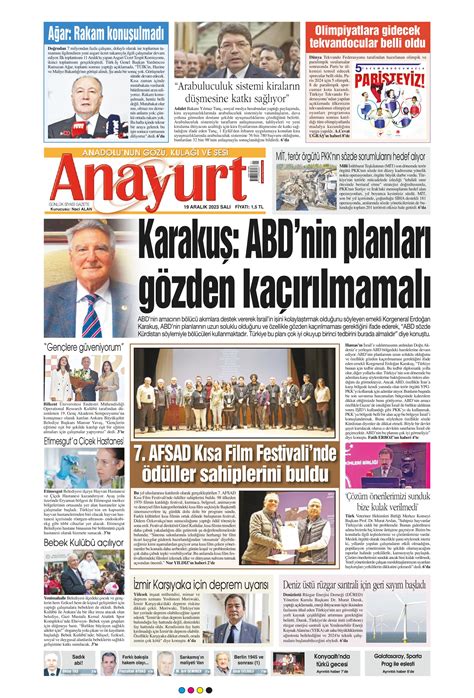 Anayurt Gazetesi 19 Aralık 2023 Salı Günü Manşeti