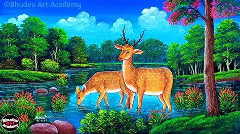 two deer standing next to each other near a river